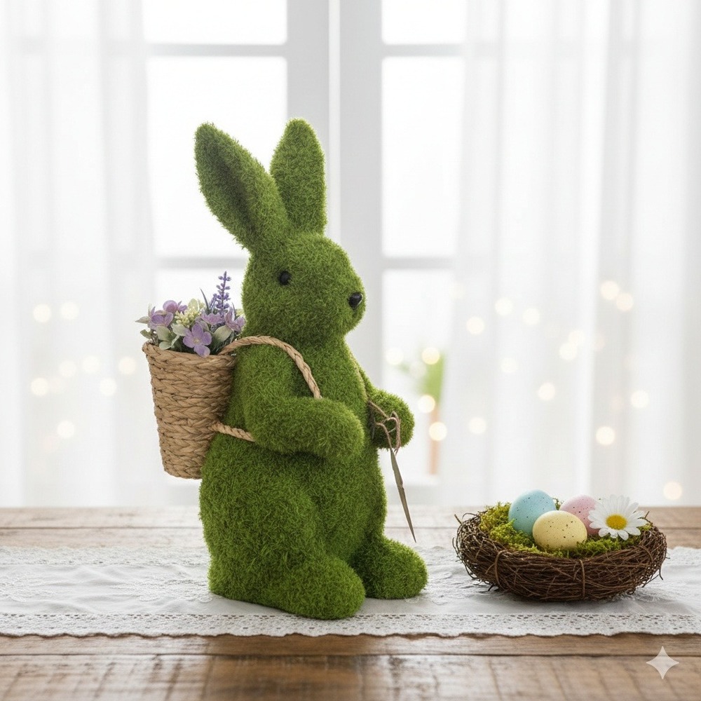 Gardeners Eden‎ Moss Covered Bunny Rabbit with Flower Basket Easter Decor Green